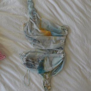 ZARA mesh blue and orange cut out one shoulder bodysuit